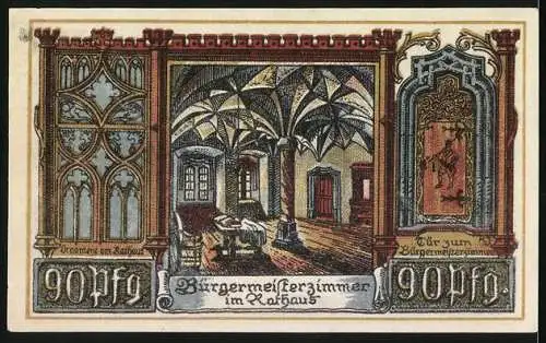 Notgeld Jüterbog 1920, 90 Pfennig, Rathaus und Bürgermeisterzimmer im Rathaus