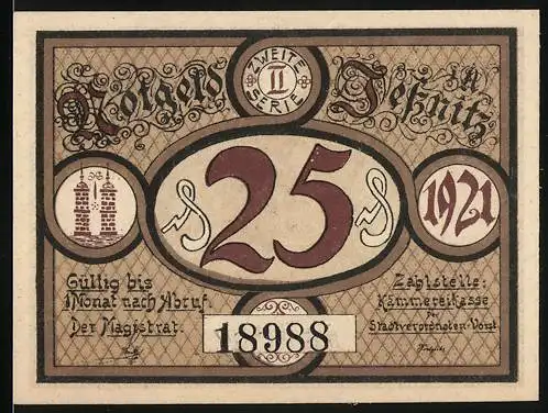 Notgeld Jessnitz 1921, 25 Pfennig, Reiter auf einem Pferd, Gebäude im Hintergrund