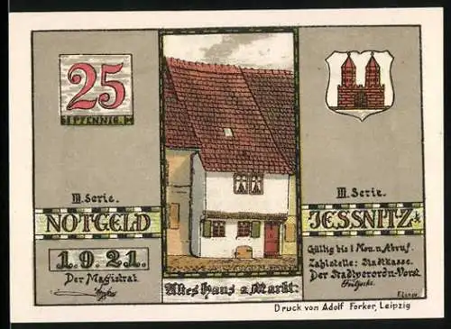 Notgeld Jessnitz 1921, 25 Pfennig, Altes Haus am Markt und Fabriken an der Mulde