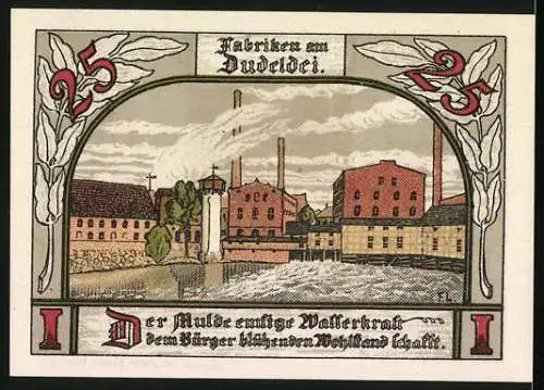 Notgeld Jessnitz 1921, 25 Pfennig, Altes Haus am Markt und Fabriken an der Mulde