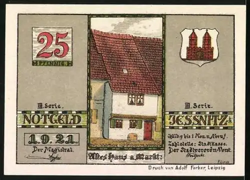 Notgeld Jessnitz, 1921, 25 Pfennig, Tänzer und Musiker auf der Wiese, altes Haus am Markt