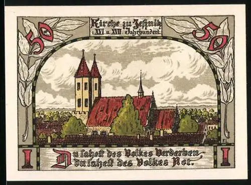 Notgeld Jessnitz 1921, 50 Pfennig, Kirche zu Jessnitz und Altes Haus am Markt