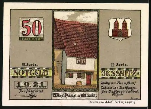 Notgeld Jessnitz 1921, 50 Pfennig, Kirche zu Jessnitz und Altes Haus am Markt