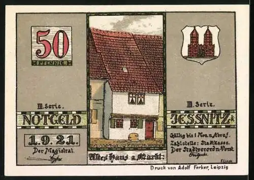 Notgeld Jessnitz, 1921, 50 Pfennig, Rathaus Jessenitz und Altes Haus am Markt