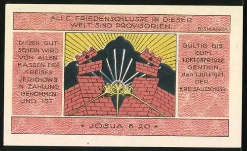 Notgeld Jerichow, 1921, 50 Pfennig, Landschaft mit Bäumen und Feldern, Zitat Bismarck und Josua 6:20