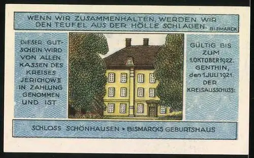 Notgeld Jerichow, 1921, 1 Mark, Bismarck und Schloss Schönhausen Abbildungen