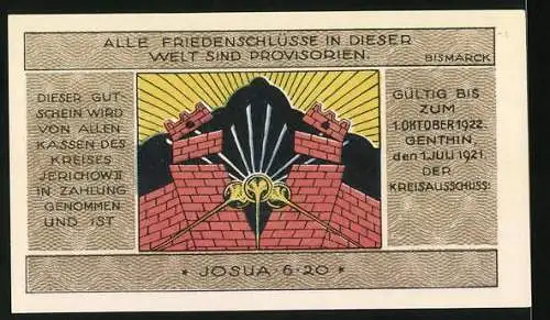 Notgeld Jerichow, 1921, 2 Mark, Landschaftsmotiv mit Feldern und Bäumen, Mauer und Zitat