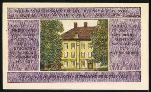 Notgeld Jerichow, 1921, 3 Mark, Porträt und Schloss Schönhausen, Bismarcks Geburtshaus