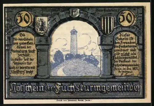 Notgeld Jena, 1921, 50 Pfennig, Darstellung zweier Männer am Fuchsturm und Landschaftsansicht mit Turm