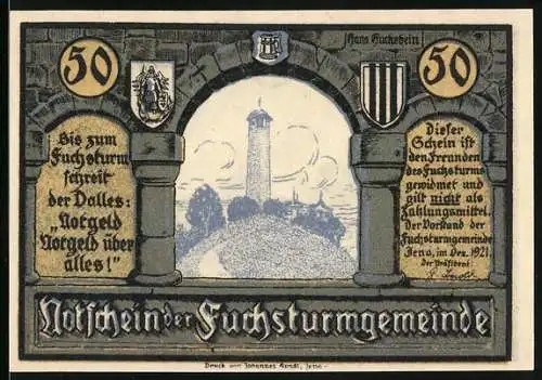 Notgeld Jena, 1921, 50 Pfennig, Aussichtsturm und trinkende Männer, Wappen und Landschaftsszene