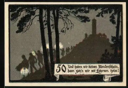 Notgeld Jena 1921, 50 Pfennig, Fuchsturm und Wanderer bei Nacht