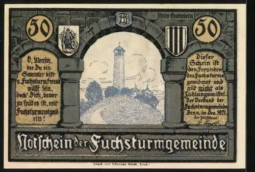 Notgeld Jena 1921, 50 Pfennig, Fuchsturm und Wanderer bei Nacht