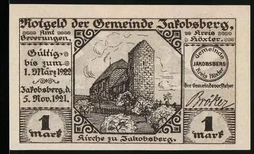 Notgeld Jakobsberg, 1921, 1 Mark, Kirche zu Jakobsberg und Jakobsbrunnen