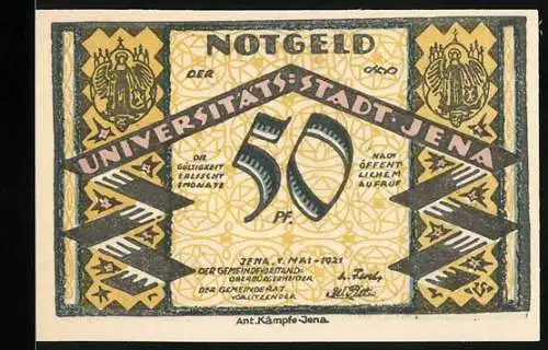 Notgeld Jena, 1921, 50 Pf, antik, Stadtwappen, Universitätsgebäude und Studenten