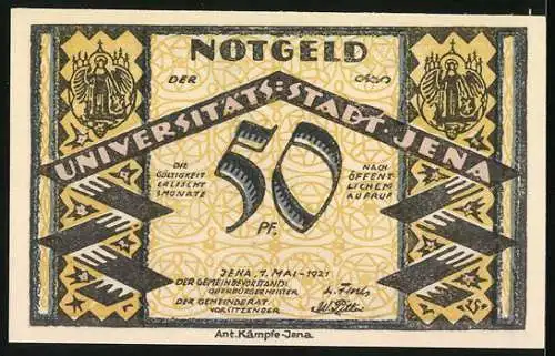 Notgeld Jena, 1921, 50 Pf, Fuchsturm und Stadtwappen