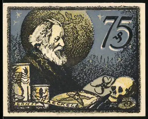 Notgeld Jena, 1921, 75 Pfennig, Ernst Haeckel Portrait und Skelett, Text Notgeld der Universitätsstadt Jena