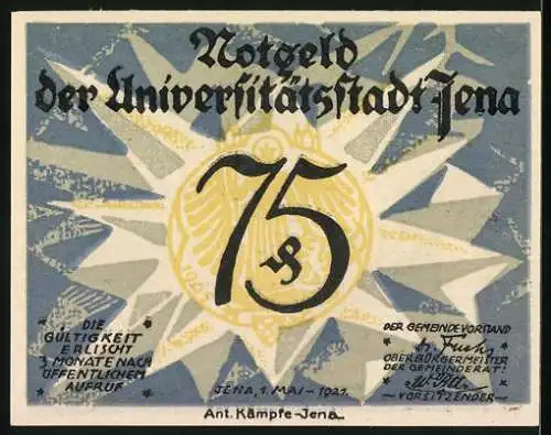 Notgeld Jena, 1921, 75 Pfennig, Ernst Haeckel Portrait und Skelett, Text Notgeld der Universitätsstadt Jena