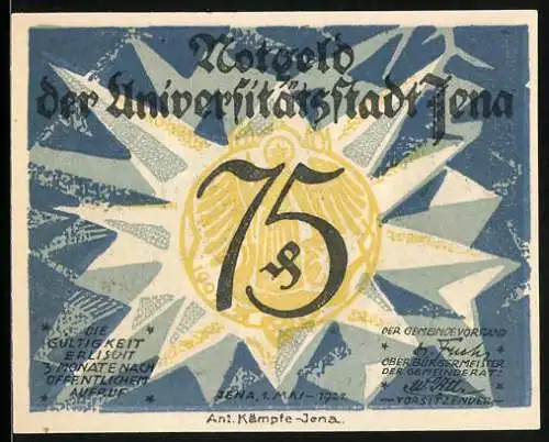 Notgeld Jena 1921, 75 Pfennig, Wissenschaftler Ernst Abbe mit Mikroskop und Stadtwappen