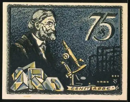 Notgeld Jena 1921, 75 Pfennig, Wissenschaftler Ernst Abbe mit Mikroskop und Stadtwappen