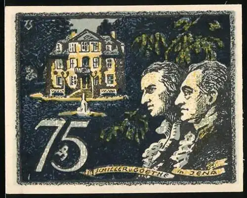 Notgeld Jena, 1921, 75 Pfennig, Schiller und Goethe vor Gebäude und dekorative Rückseite