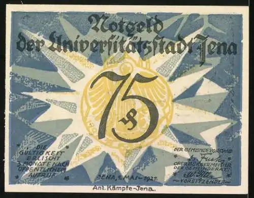 Notgeld Jena, 1921, 75 Pfennig, Schiller und Goethe vor Gebäude und dekorative Rückseite