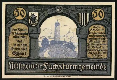 Notgeld Jena 1921, 50 Pfennig, Landschaft mit Turm und Familie, Burgruine und Wappen, Fuchsturmgemeinde