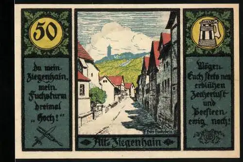 Notgeld Jena 1921, 50 Pfennig, Alt-Ziegenhain, Fuchsturmansicht und Dorfstrasse