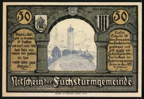 Notgeld Jena 1921, 50 Pfennig, Alt-Ziegenhain, Fuchsturmansicht und Dorfstrasse