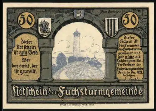 Notgeld Jena 1921, 50 Pfennig, Fuchsturm mit Wirtshausszene und Motto