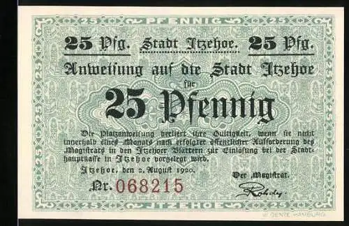 Notgeld Itzehoe, 1920, 25 Pfennig, historische Illustration und Text in Plattdeutsch