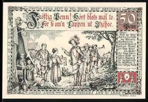 Notgeld Itzehoe, 1920, 50 Pfennig, historische Szene und Anweisung auf Stadt Itzehoe