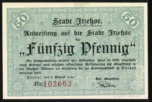 Notgeld Itzehoe, 1920, 50 Pfennig, historische Szene und Anweisung auf Stadt Itzehoe