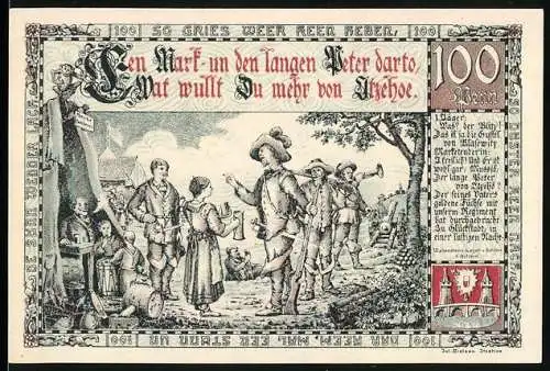 Notgeld Itzehoe, 1920, 1 Mark, Historische Szene mit Soldaten und Bürgern, Seriennummer 36103