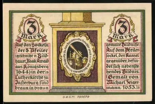 Notgeld Insterburg, 3 Mark, Mann mit Fernrohr und Stadtansicht