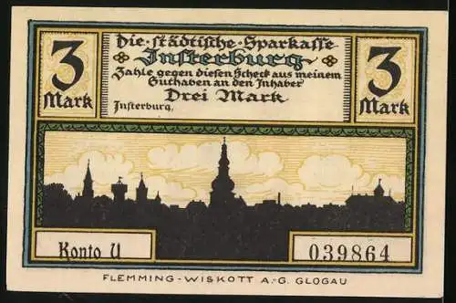 Notgeld Insterburg, 3 Mark, Mann mit Fernrohr und Stadtansicht