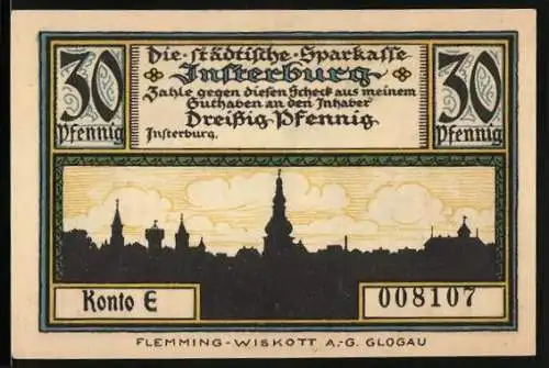 Notgeld Insterburg, 30 Pfennig, Stadtansicht und Burghof mit Peinturm 1336