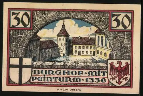 Notgeld Insterburg, 30 Pfennig, Stadtansicht und Burghof mit Peinturm 1336