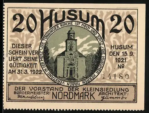 Notgeld Husum, 1921, 20 Pfennig, Kirche, Häuser und Wappen