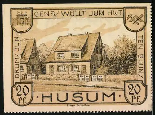 Notgeld Husum, 1921, 20 Pfennig, Kirche, Häuser und Wappen