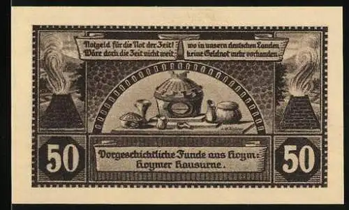 Notgeld Hoym, 1921, 50 Pfennig, historische Darstellung von Hoym und vorzeitlichen Funden