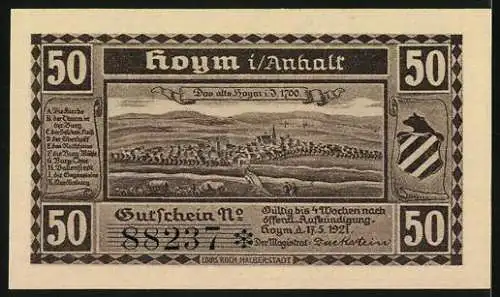 Notgeld Hoym, 1921, 50 Pfennig, historische Darstellung von Hoym und vorzeitlichen Funden