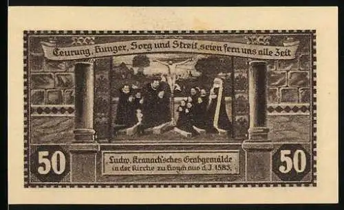 Notgeld Hoym / Anhalt, 1921, 50 Pfennig, Ludwig Cranachisches Grabgemälde und Stadtansicht von Hoym