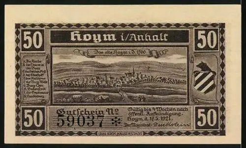 Notgeld Hoym / Anhalt, 1921, 50 Pfennig, Ludwig Cranachisches Grabgemälde und Stadtansicht von Hoym