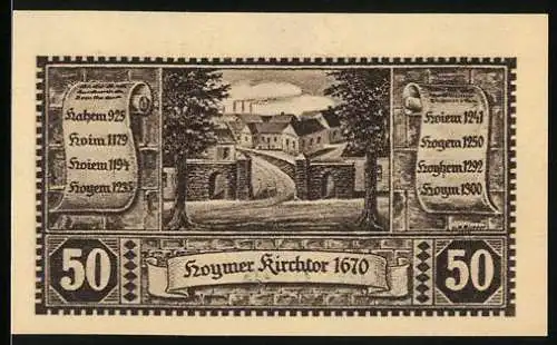 Notgeld Hoym 1921, 50 Pfennig, Hoymer Kirchtor 1670 und Das alte Hoym 1700