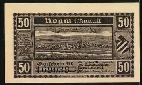 Notgeld Hoym 1921, 50 Pfennig, Hoymer Kirchtor 1670 und Das alte Hoym 1700