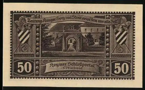 Notgeld Hoym / Anhalt, 1921, 50 Pfennig, Hoymer Schlossportal und Das alte Hoym 1320