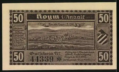 Notgeld Hoym / Anhalt, 1921, 50 Pfennig, Hoymer Schlossportal und Das alte Hoym 1320