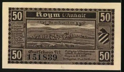 Notgeld Hoym / Anhalt, 1921, 50 Pfennig, Erhebung des Fleckens Hoym zur Stadt im Jahre 1540