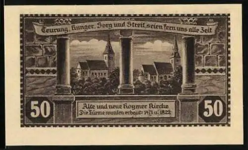 Notgeld Hoym 1921, 50 Pfennig, Alte und neue Hoymer Kirche und Stadtansicht von 1700