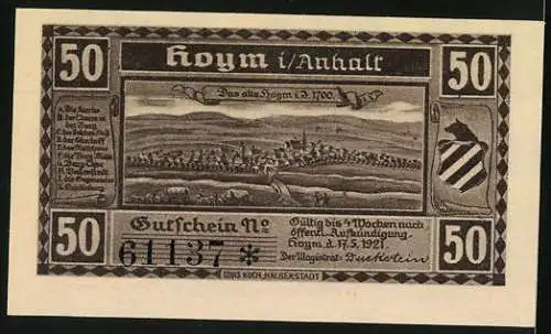 Notgeld Hoym 1921, 50 Pfennig, Alte und neue Hoymer Kirche und Stadtansicht von 1700